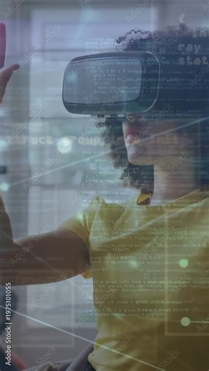 Vertical video: Woman in VR reaching and pointing, making HUD nodes align with finger to select