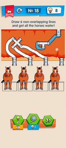 Level 18 - Draw 6 non-overlapping lines and get all the horses water? | IQ Boost #walkthrough