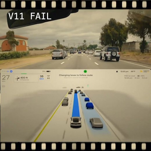 這就是FSD v11 和 v12(AI 神經網路）的區別，v12會思考提早靠右，不會像v11一樣到了才決定右轉➡️ #FSD差別 #FSD12 #FSD新舊的進步 來源：https://x.com/edgecase411/status/1760426120690987483?s=46 | Angus電科技
