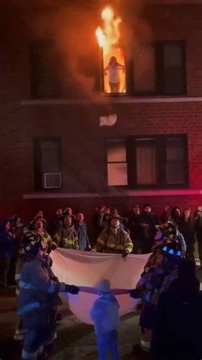 Firefighters use a bed sheet to catch a baby from a blazing apartment window. #missiontorescue