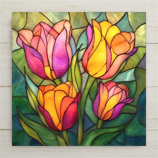 Stained Glass Style Tulip Ceramic Tile Wall Art – Colorful Floral Home Decor, Botanical Spring Wall Decor, Cottage Garden Art Tile - Etsy