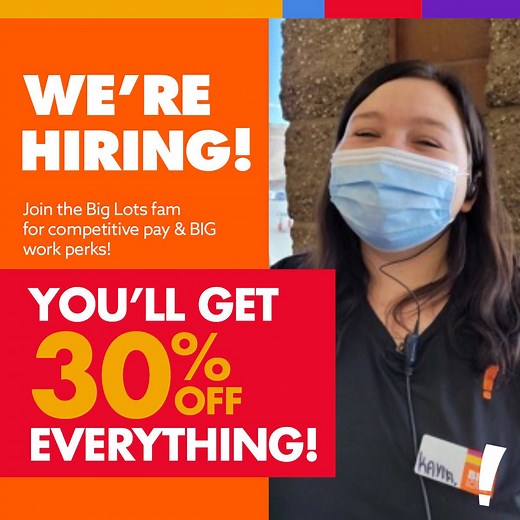 Your job hunt’s OVER! We’re hiring at Big Lots! 🙌 Apply today! Get hired & get a 30% associate discount on everything, plus other BIG perks like discounts on cell services & more! 😮 📣 Starting September 21 - October 30, swing into your local Big Lots for our National Hiring Events held on Tuesday from 4pm – 7pm & Saturday from 9am–12pm. 🧡 ➡️ Apply TODAY! http://biglots.ly/6188yxswI #BigLots #NowHiring #Store #Jobs #recruitment #events #careers | Big Lots