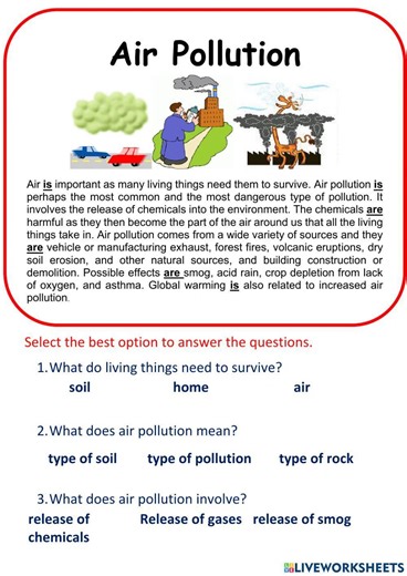 Air pollution worksheet for GRADE 4