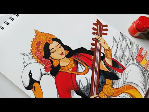 Saraswati Devi Drawing | How to draw Saraswati Devi | step by step tutorial