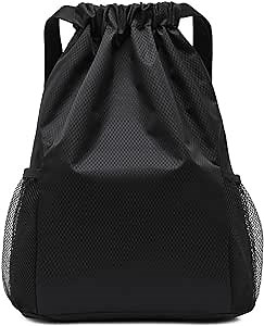 Generic Large Drawstring Backpack, Waterproof Drawstring Bag Sports Gym Bag Wide Shoulder Strap String Backpacks Bag with Mesh Pockets and Built-in Zipper Pocket -Black, Large: 49*39*18cm
