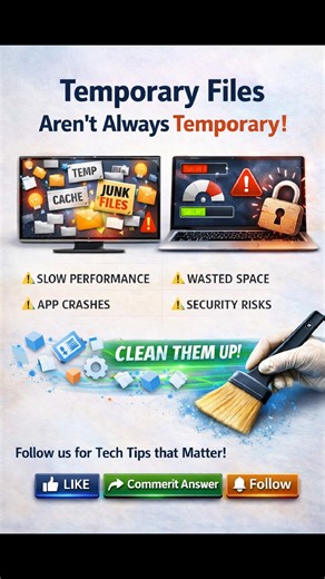 🔥 Temporary Files Aren’t Always Temporary, Clean Them Before They Slow You Down . Most users think temporary files automatically delete themselves — but that’s not always true. Over time, temp files, cache data, and junk files build up silently in your system. These unnecessary files can reduce performance, consume valuable storage space, and even create security vulnerabilities. ⚠ What Problems Can They Cause? • Slow system performance • Applications freezing or crashing • Low disk space warni