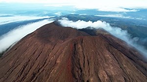 Aerial view of Mount Slamet or Gunung Slamet is an active stratovolcano in the Purbalingga Regency. Central Java, Indonesia. February 7, 2023