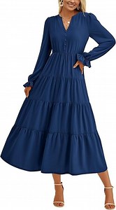 PRETTYGARDEN Women's Fall Maxi Dress Long Sleeve V Neck Tiered A Line Ruffle Elegant Flowy Spring Cocktail Party Dresses