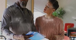 Woman pointing green file initiating man flipping blue file as business graph overlaying insights