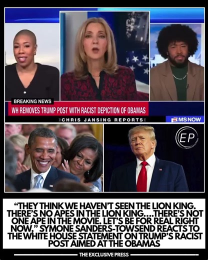 “They think he haven’t seen The Lion King. There’s no ape in The Lion King. There’s not one ape.. There’s a baboon, Rafiki. He is actually central to the story. There’s not one ape in the movie. Let’s be for real right now..There’s not one ape in The Lion King,” Symone Sanders Townsend, former chief spokesperson for Kamala Harris, said on the reality of the post #DonaldTrump shared on his Truth Social page portraying the Obamas as apes. Townsend also mentioned that the White House shouldn’t have