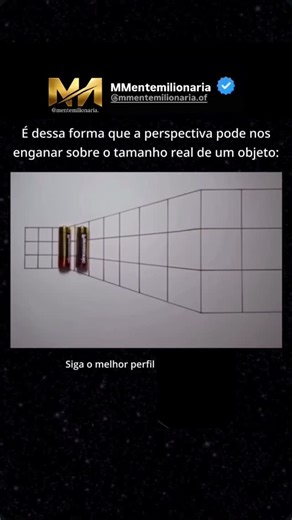 Mente | milionária | Renda Extra on Instagram: "completamente diferentes quando mudam de lugar, mas elas são idênticas! Isso é uma variação da famosa Ilusão de Ponzo. O segredo não está nas pilhas, mas no fundo da imagem. As linhas convergentes criam o que chamamos de perspectiva linear, dando ao nosso cérebro a nítida sensação de profundidade em uma superfície que é 2D! Nossa mente é uma máquina de prever contextos: quando ele vê as linhas se fechando, ele interpreta que a parte de cima da imag