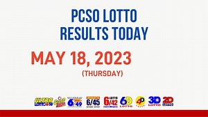 Here's the PCSO Lotto Result Today May 18, 2023 (Thursday)! Superlotto 6/49: 19-23-33-46-07-29 Lotto 6/42: 15-05-41-21-01-27 6D Lotto: 1-4-3-1-1-6 3D Lotto 2PM: 5-4-1 3D Lotto 5PM: 4-5-1 3D Lotto 9PM: 9-7-1 2D Lotto 2PM: 28-20 2D Lotto 5PM: 29-13 2D Lotto 9PM: 09-04 Find it here --> | PCSO Ball - Daily Lotto Results