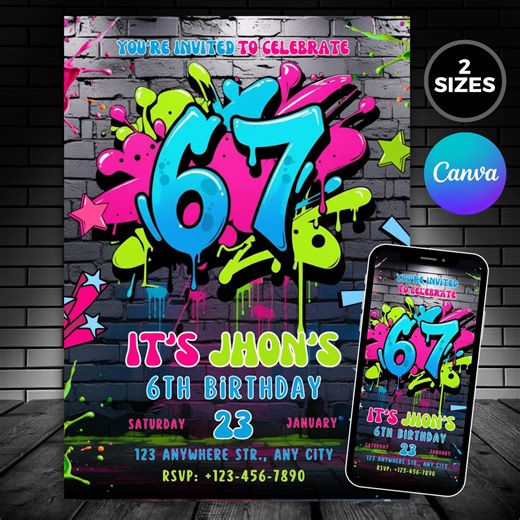 Six Seven Birthday Party Invitation, 6 7 Meme Birthday Six Seven Birthday Party Invitation, 6 7 Meme Birthday, 6th Birthday Canva Template - Etsy