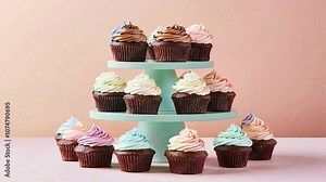 Delicious cupcakes on mint green stand with colorful pastel frosting, perfect for sweet celebrations and chocolate party treats!