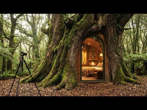 Building a Modern Tree House in the Forest (ASMR) – Two Builders Turn a Giant Tree Trunk into a Home