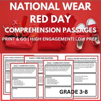 WEAR RED DAY COMPREHENSION PASSAGES | 20 Q&A KEYS | GRADE 3-8 |