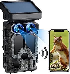VOOPEAK Trail Camera Solar Powered WiFi 60MP 4K UHD Wildlife Hunting Camera Dual Lens Night Vision 0.1s Trigger Speed 120 Degrees Wide Angle Game Camera for Wild Home Monitoring