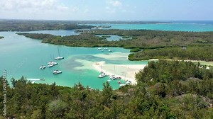 Ile aux Cerfs island with idyllic beach scene, aquamarine sea and soft sand, Ile aux Cerfs, Mauritius, Indian Ocean, Africa. Ile aux Cerf in Mauritius, beautiful water and breathtaking landscape.
