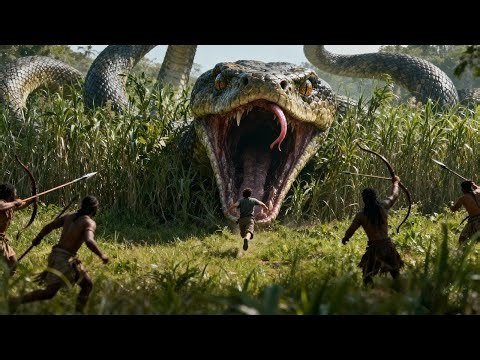 Primordial mega-snake hides in grass to ambush humans; they rush forward and fight for their lives