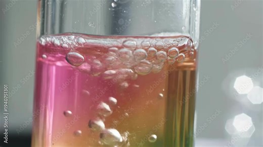 Color changing chemical solution reacting in laboratory glass beaker with bubbles forming, scientific experiment scene illustrating chemistry research, analysis, education, and laboratory testing.