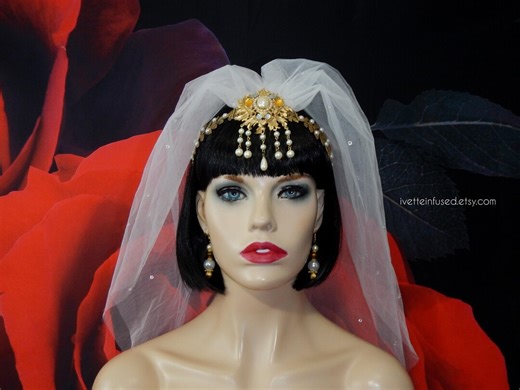 QUEEN BRIDE Vintage Headband With Veil and Earring Set, Handmade Millinery Headpiece - Etsy