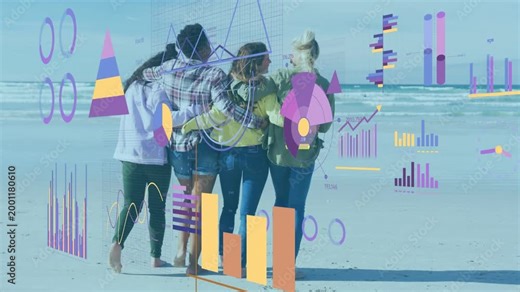Four women linking arms and strolling on beach, chatting while marketing charts floating over group
