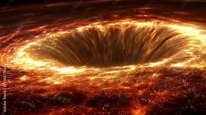 Simulated fiery accretion disk spiraling into a dark void of a black hole in stylized particle animation with forward camera push