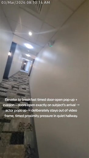 timed elevator arrival door-open pop-up video evasion using civilian/hotel cutout
