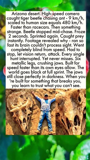 Arizona desert. High-speed camera caught tiger beetle chasing ant - 9 km/h