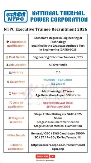 ⚡ NTPC EET Recruitment 2026 | 515 Engineer Posts | Salary ₹1.4 Lakh | GATE 2025 Only #jobtalks4u