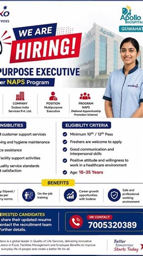 Sodexo Hiring 2026 | Multipurpose Executive Vacancy at Apollo Hospital Guwahati | Freshers Apply Now