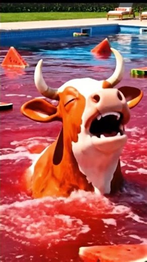 Happy cow swim in watermelon pool