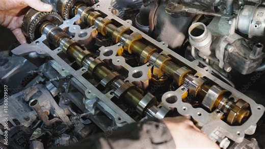 Mechanic's hands install camshaft into engine. Process of reassembling engine after overhaul. Service center specializing in repair of vehicles with internal combustion engines. Reassembling engine.