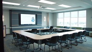 Modern Conference Room Setup with Interactive Presentation Screen Featuring a Speaker, Fostering Collaboration and Engagement Among Attendees in a Bright, Open Space | Premium Stock Video Footage