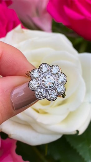 Philip Lloyd Jewellers on Instagram: "This is a gorgeous ring! A classically designed floral-inspired Diamond Daisy Cluster Ring that catches light from every angle! 🌼✨ With nine Brilliant Cut Diamonds set extremely close together to give a fabulous overall appearance when worn. All the Diamonds are very bright and clean, I colour VS/SI clarity and are Pave set and finished with a fine milgrain edging 💎 The total Diamond weight is an impressive 2.20ct and the ring has a very attractive under g