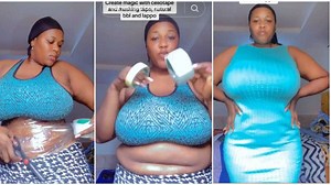 "It worked": Plump Nigerian lady uses cello tape to get flat tummy, shows ladies