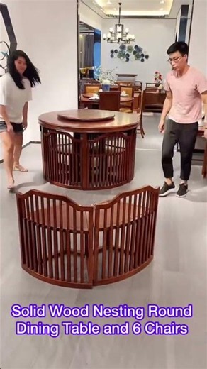 Solid Wood Nesting Round Dining Table with 6 Chairs Walnut