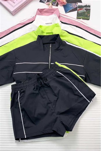 Trendy Line Tracksuit Crop Jacket Set - Casual Sporty Shorts Outfit