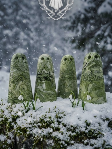 An impending blizzard has left The Mosswraught looking a little confused. Welcome to The Nordic Ghost Merchants. I make ghosts in a currently very snowy Scandinavia. And these are The Mosswraught. Imbolc ghosts that first appeared last week with the early snowdrops are now feeling a little betrayed. Three of these ghosts - Osric, Bramwell and Alderwirk have not yet been adopted - but they're still hopeful. Please note however that the blizzard might delay dispatch times for new orders as we pref