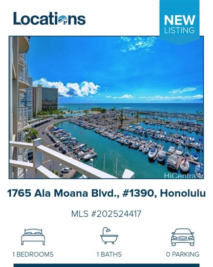 Locations on Instagram: "✨Featured New Listing✨ 1765 Ala Moana Boulevard, #1390, Honolulu, Oahu 96815 1 🛏️ | 1 🛁 | 0 🚘 This successful, highly rated vacation rental offers an ideal opportunity for investors or for your own private island retreat! This beautifully remodeled oceanfront condo at the Ilikai Marina offers one of the most stunning panoramic ocean and Yacht Harbor views in Waikiki. From your lanai, watch sailboats in the harbor and spectacular sunsets. Perched high on the 13th floor