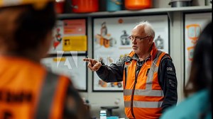 Homme senior expliquant la sécurité et la protection civile pendant une formation. Senior man explaining safety and civil protection during a training session.