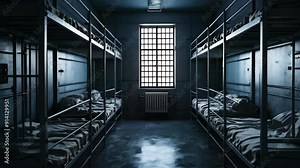 Explore the eerie atmosphere of an empty prison cell block featuring rusty bunk beds and dim lighting through a barred window