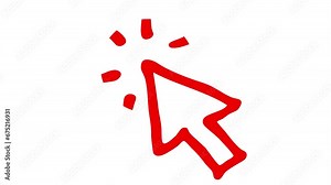 Animated red symbol of mouse cursor. Arrow with rays clicks. Icon in sketch style. Hand drawn vector illustration isolated on white background.