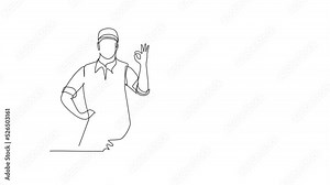 Animated self drawing of continuous line draw handyman with gesture okay ready to work on repairing the damaged part of house. Professional work. Success business. Full length single line animation.