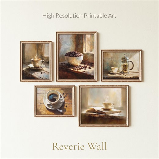 Coffee Collection French Press Cup and Espresso Beans | Printable Wall Art | Cozy Kitchen Coffee Bar Decor Gift | Digital Download