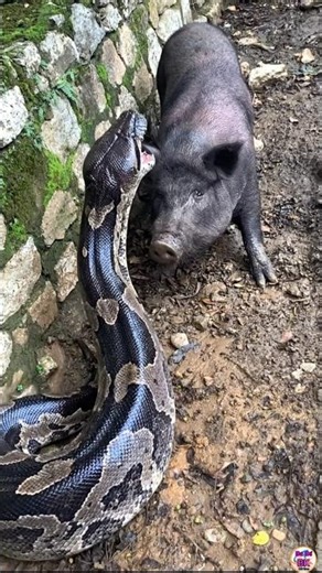 A giant python is catching a wild boar.
