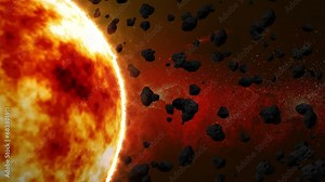 3d Bright Sun Burning And Asteroid Flying In Deep Space Background. Meteoroid Flying In Space Near To The Sun And Nebula's Are Moving In Space, Deep Space Science Fiction Bg, Glowing Sun On Outer Spac