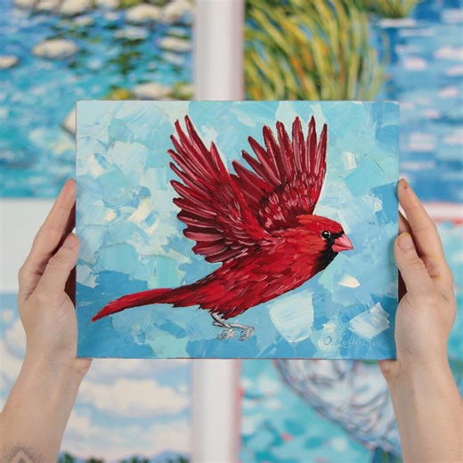 Cardinal Painting Original Bird in Flight Art, 8x10 Red Blue Wall Art - Etsy