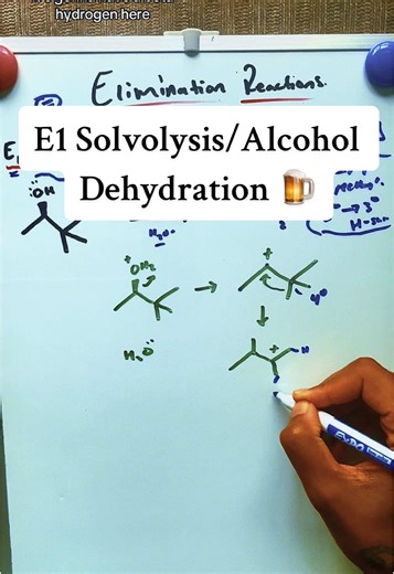 Elimination reaction (E1) solvolysis hard example with Alcohol Dehydration. Similar to SN1, careful of rearrangement in E1 as you have a carbocation intermediate. This is also important in synthesis when creating an alkene from an alcohol. E2 next ! #ochem #medicine #mcat #premed #chemistry #learnontiktok