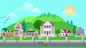 Flat cartoon city town suburb with mountains on background. Sunrise and sunset looped animated. Road transport street traffic before line of low-rise buildings townhouse mansion house.